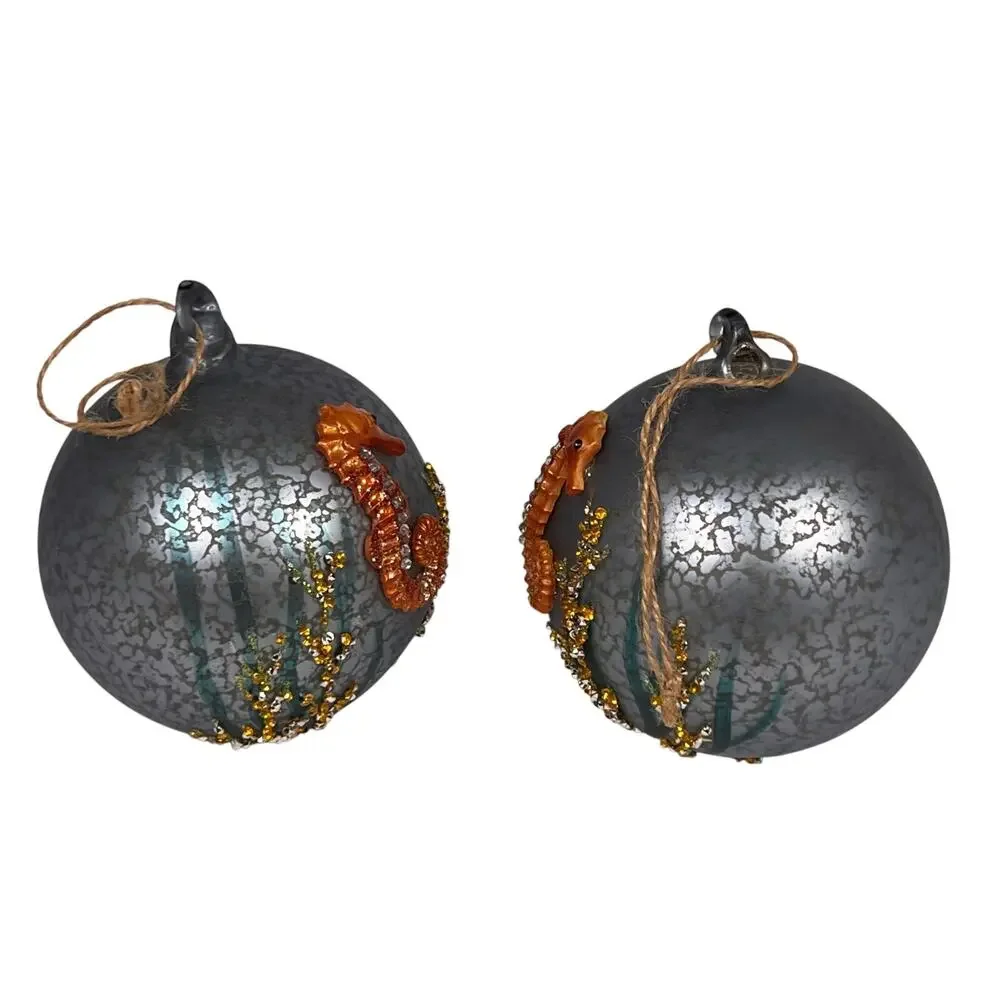 Pottery Barn Orange Seahorse Golden Seaweed Antiqued Crackle Glass Ornaments x2
